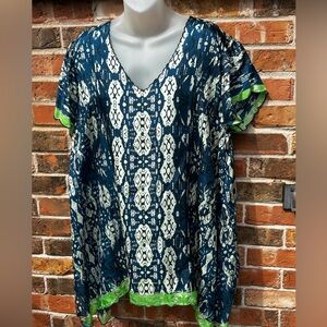 Johnny Was Silk V Neck Tunic. Scallop Edged, Short Sleeve. Woman’s Size Lg P